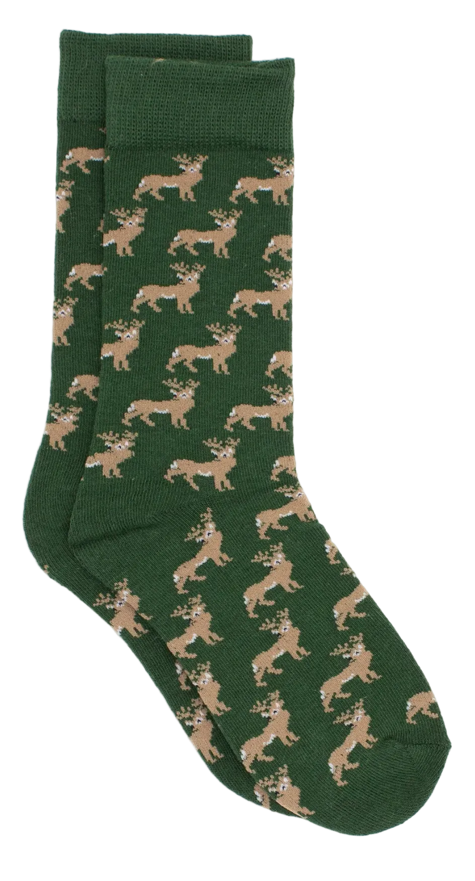 Green socks with deer pattern on a white background