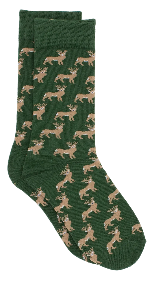 Green socks with deer pattern on a white background