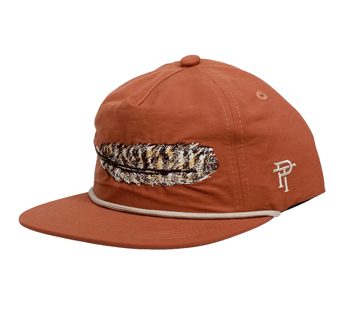 Brown cap with feather design and logo on a white background