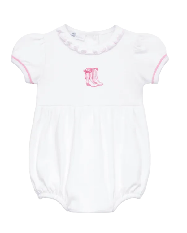 White baby onesie with pink boot design on a white background