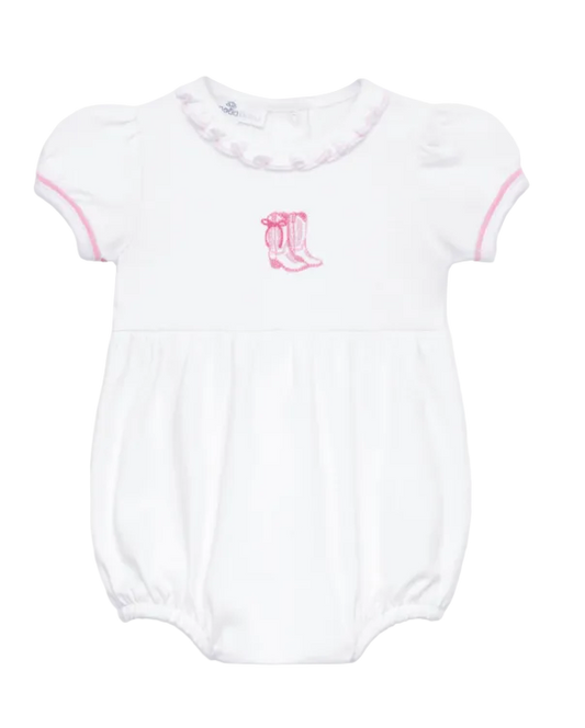 White baby onesie with pink boot design on a white background