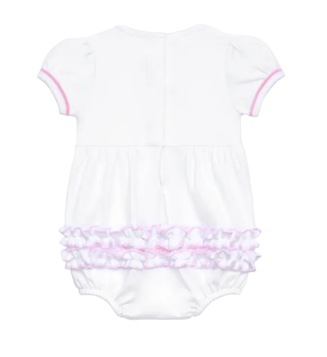 White baby romper with pink trim on a white background