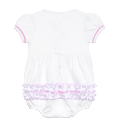 White baby romper with pink trim on a white background