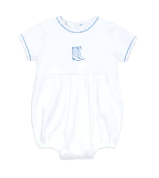 White baby romper with blue trim and blue boots logo on a white background