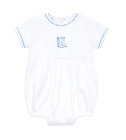 White baby romper with blue trim and blue boots logo on a white background