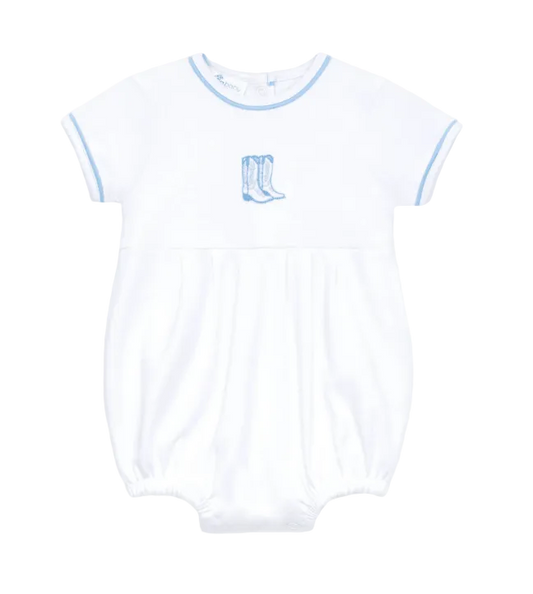 White baby romper with blue trim and blue boots logo on a white background