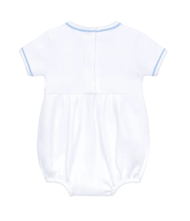 White baby romper with blue trim on a white background