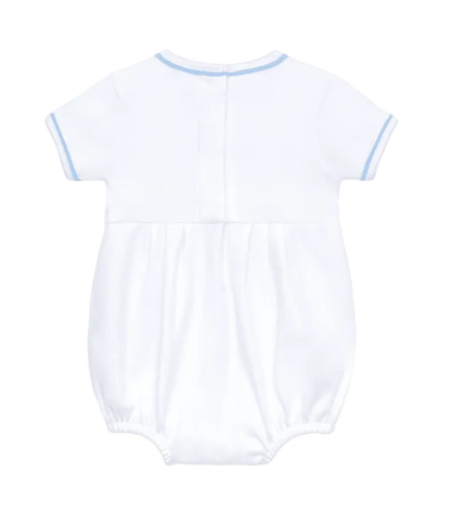 White baby romper with blue trim on a white background