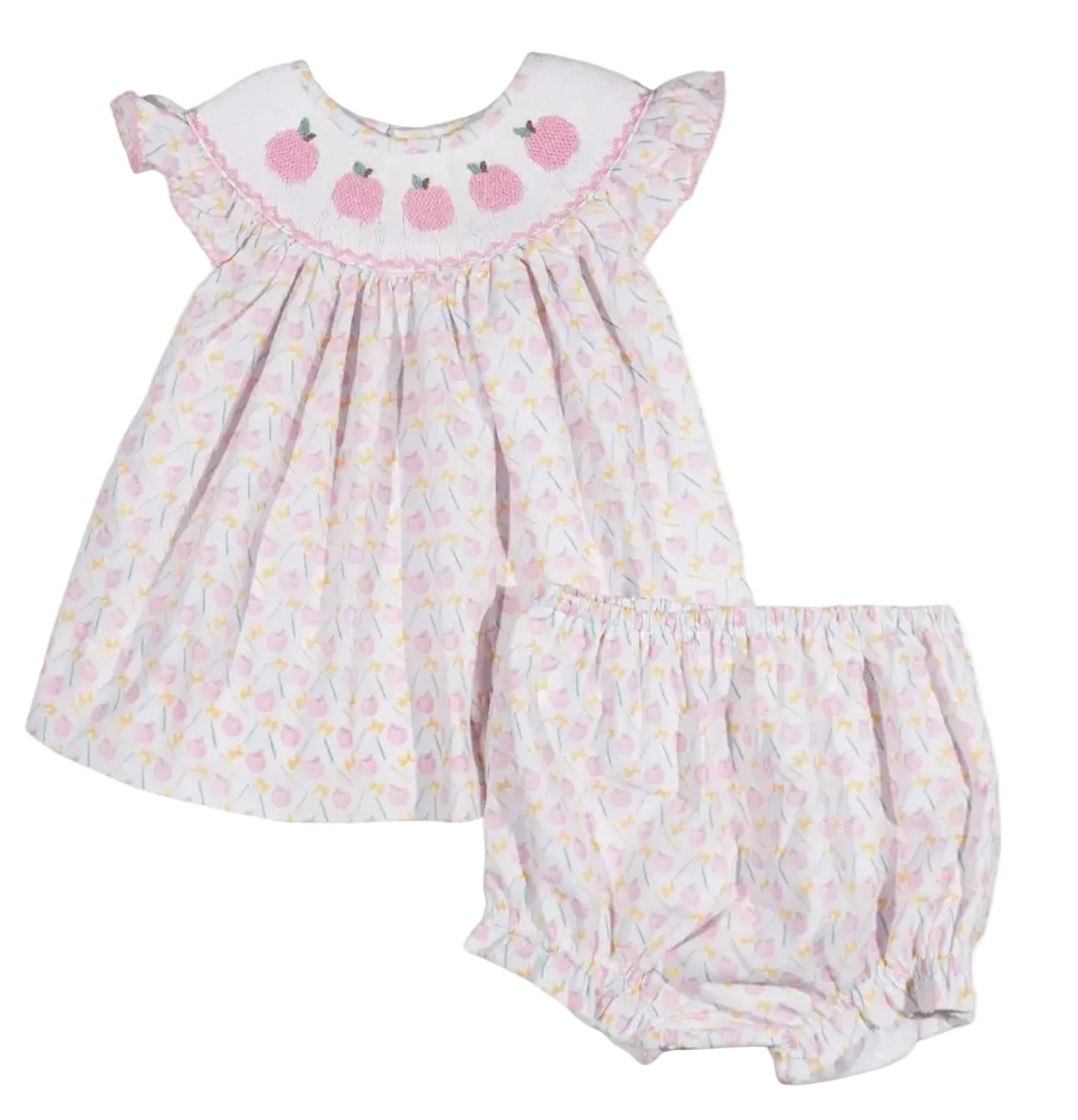 Baby dress and bloomers set with pink apple pattern on a white background