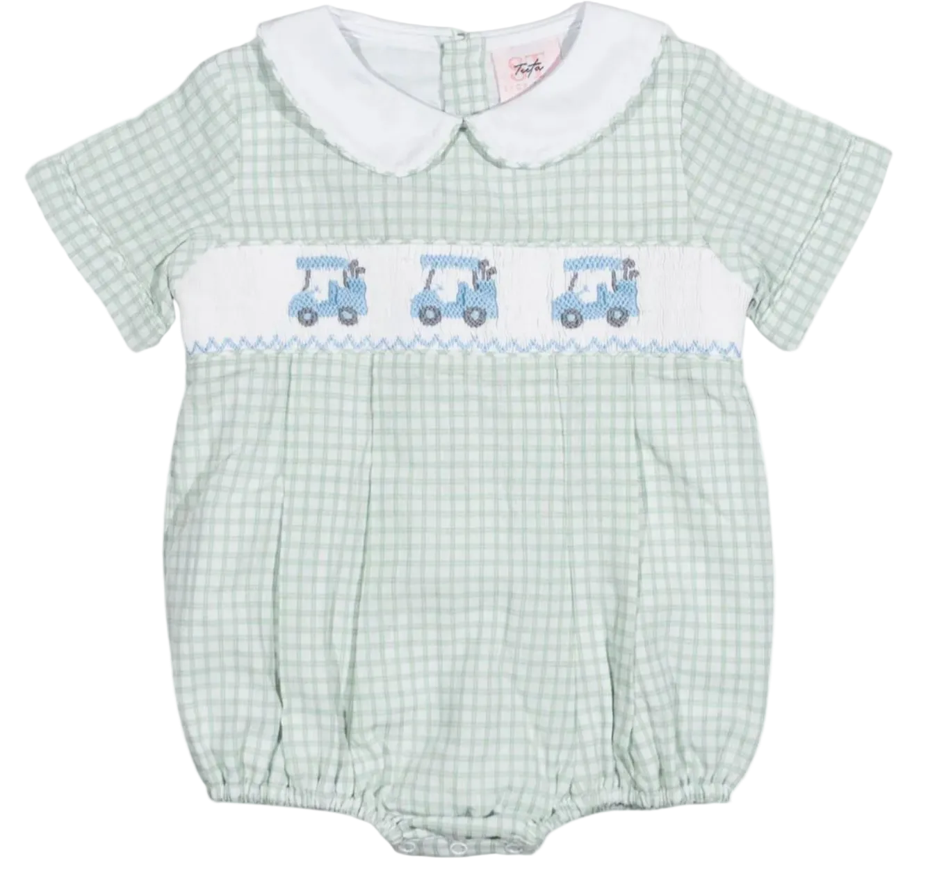 Green checkered baby romper with white collar and blue golf carts design on a white background