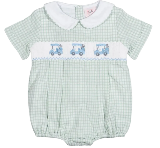 Green checkered baby romper with white collar and blue golf carts design on a white background