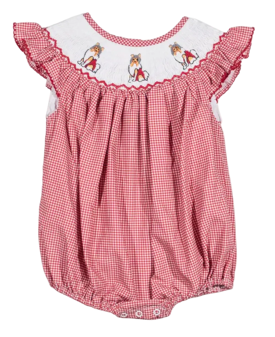 Maroon Gingham baby romper with white ruffled collar and Smocked designs on a white background