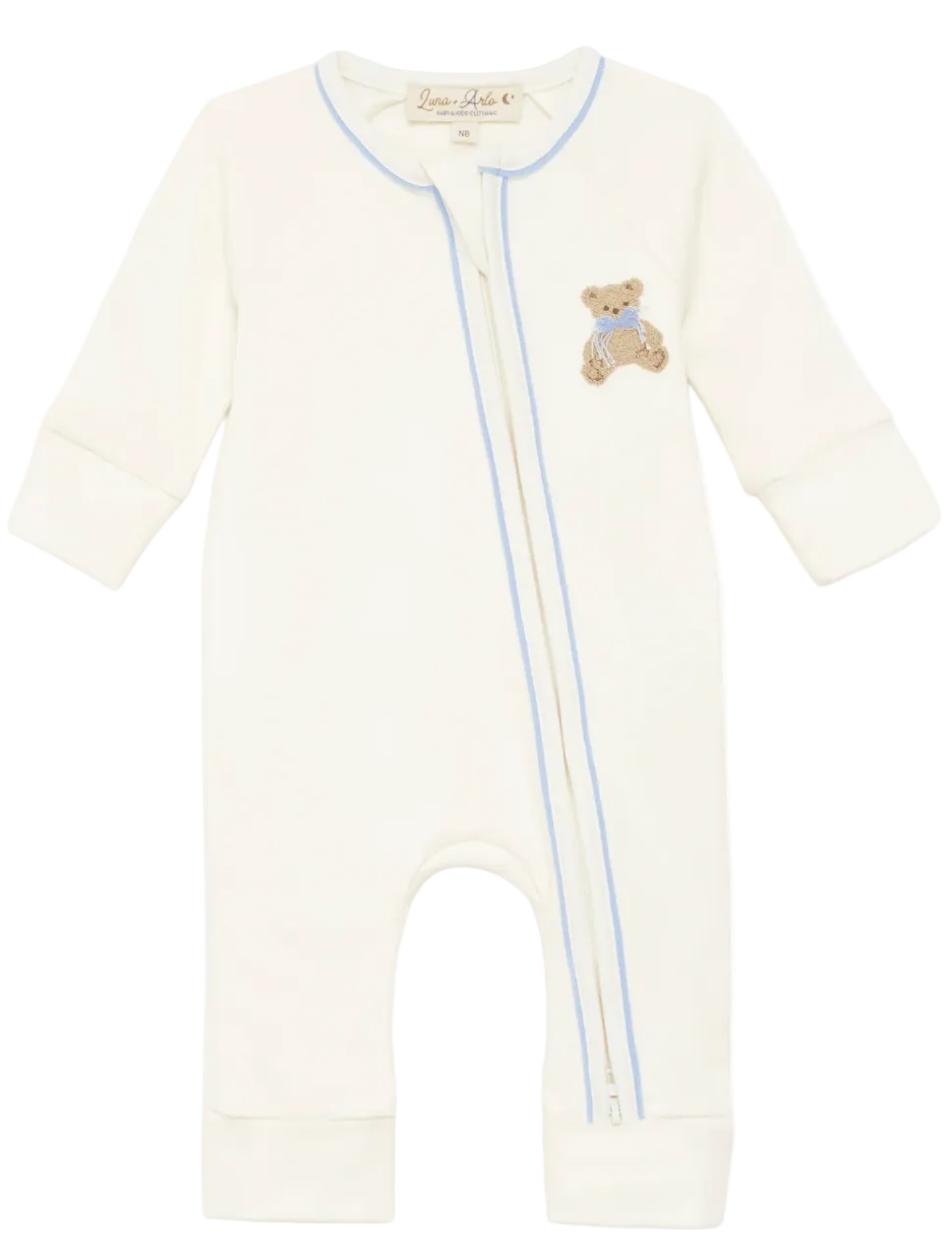 Baby onesie with teddy bear design on a white background