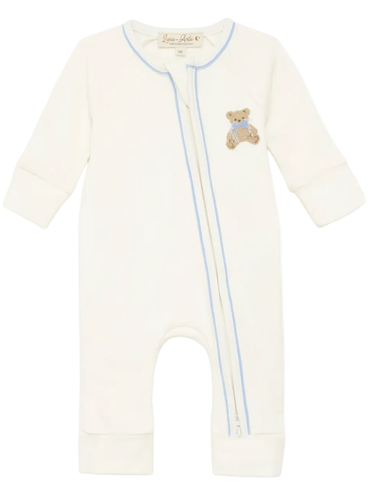 Baby onesie with teddy bear design on a white background