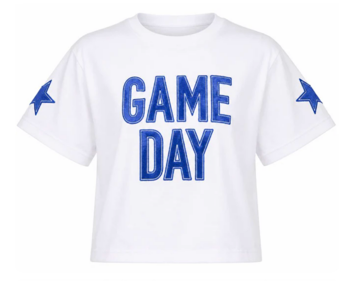 GAME DAY across the front in royal blue with royal blue stars on the sleeves