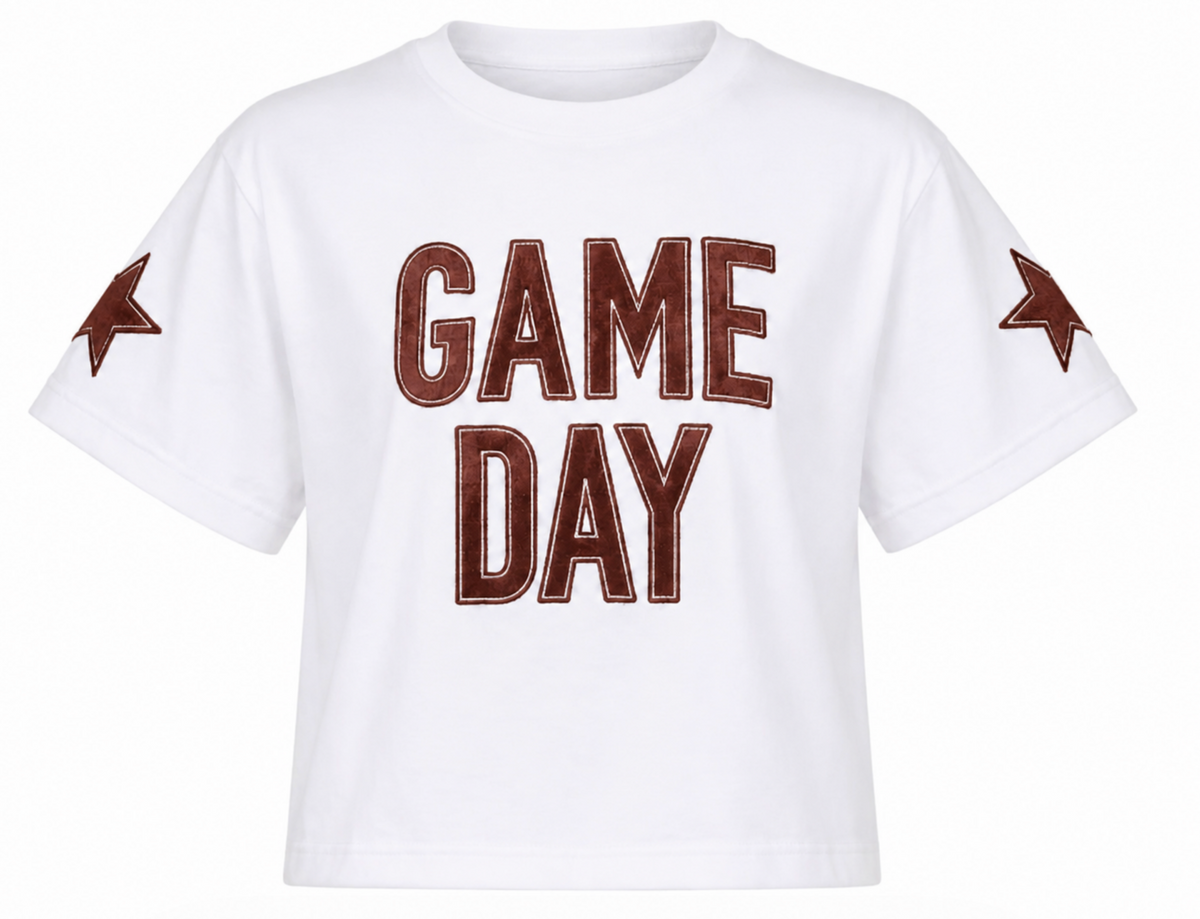 GAME DAY across the front in maroon with maroon stars on the sleeves