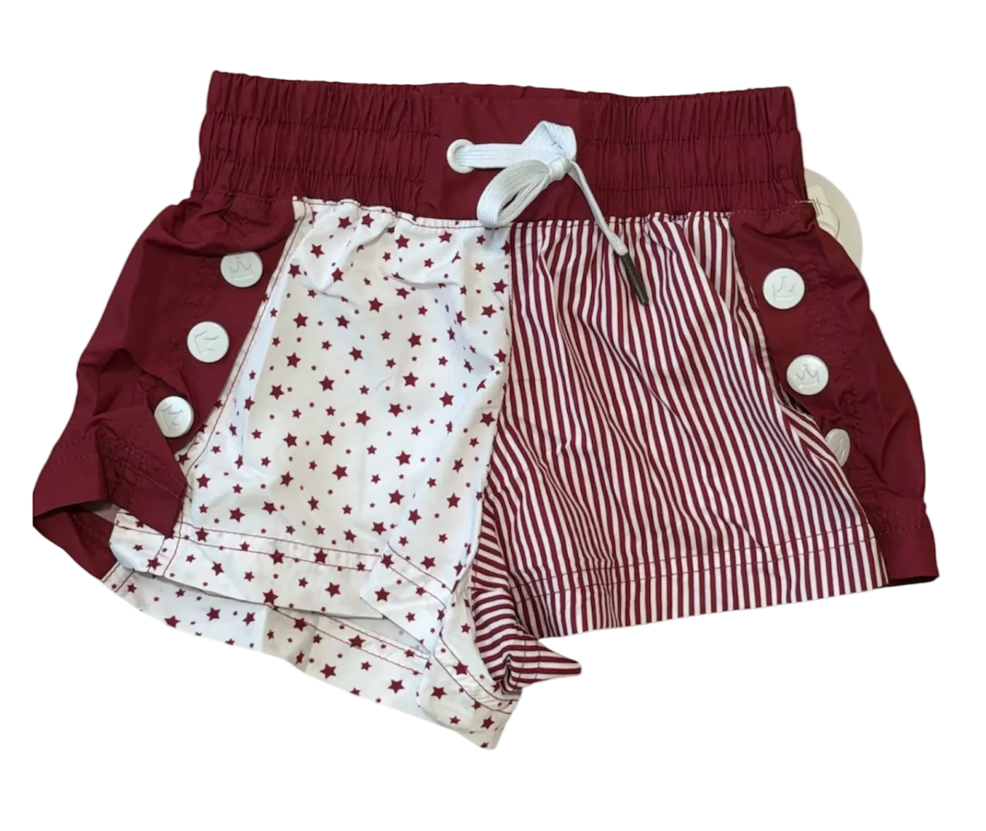 maroon stars and stripes shorts, with draw string and buttons
