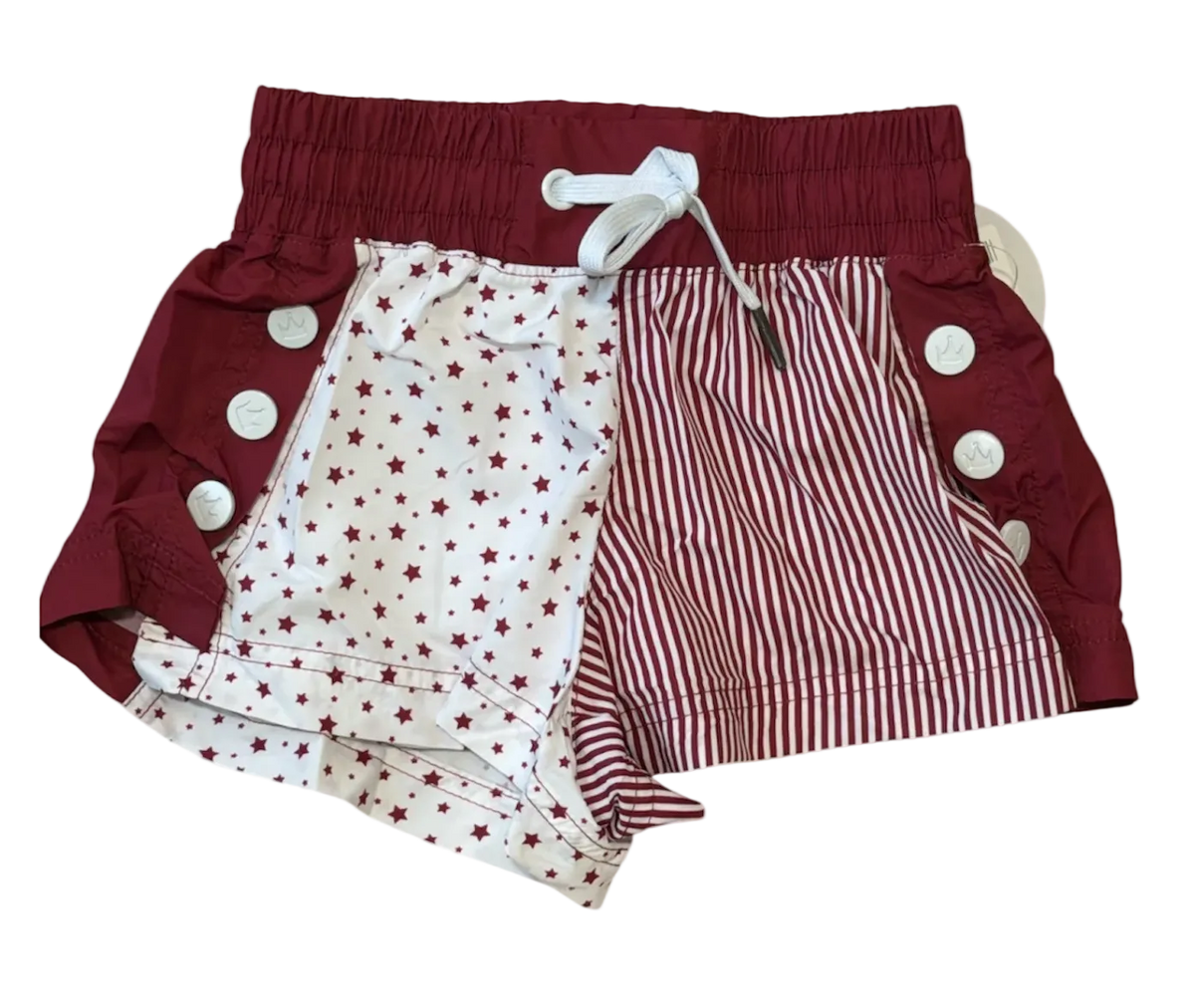 maroon stars and stripes shorts, with draw string and buttons