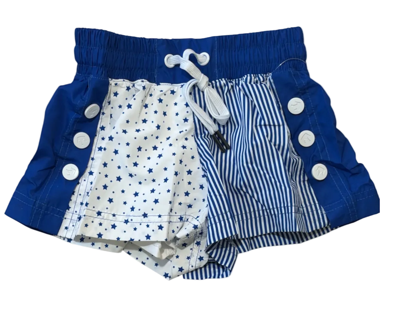 Royal blue stars and stripes shorts, with draw string and buttons