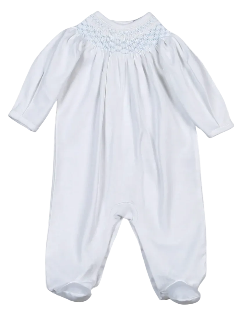 tim blue footie with smocked details on a transparent background