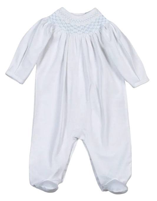 tim blue footie with smocked details on a transparent background