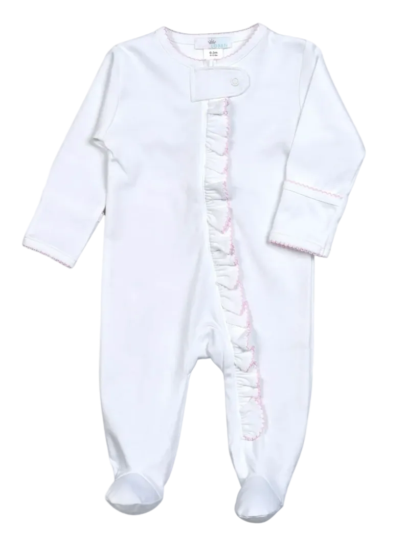 White baby onesie with pink trim and ruffled details on a white background
