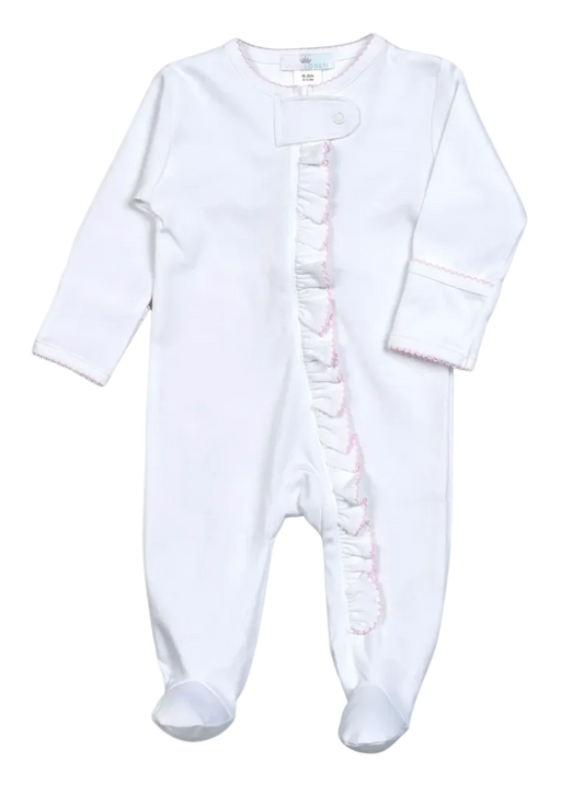 White baby onesie with pink trim and ruffled details on a white background