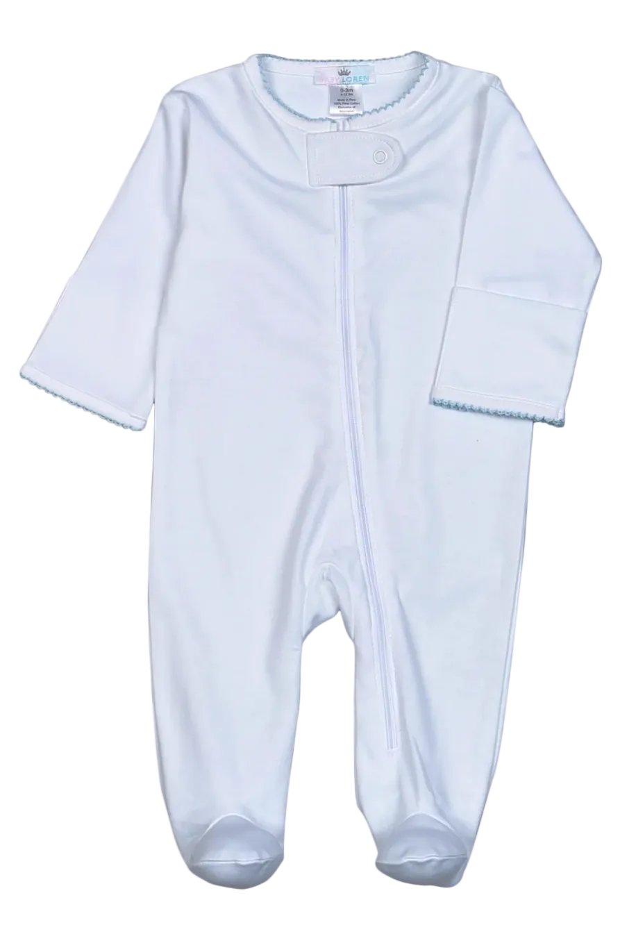 White baby onesie with a blue trim collar on a white background