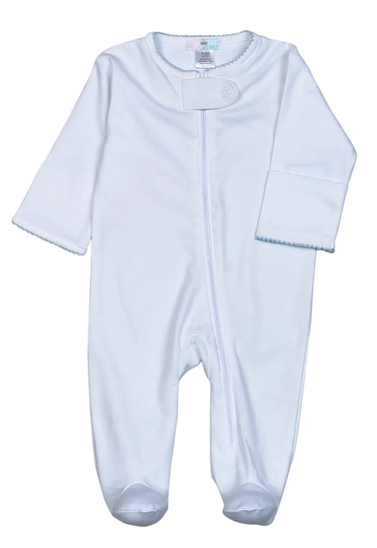 White baby onesie with a blue trim collar on a white background