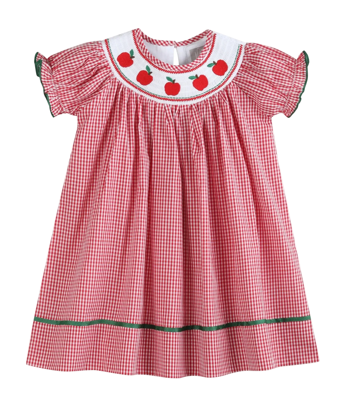 A baby girl's short-sleeve dress in a red and white gingham pattern, featuring a white embroidered collar with red apples and green leaves, and a thin green stripe along the hem.