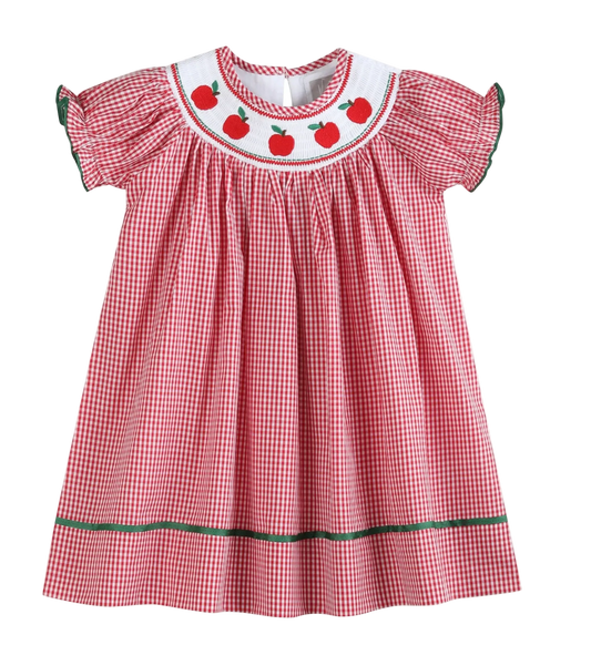 A baby girl's short-sleeve dress in a red and white gingham pattern, featuring a white embroidered collar with red apples and green leaves, and a thin green stripe along the hem.