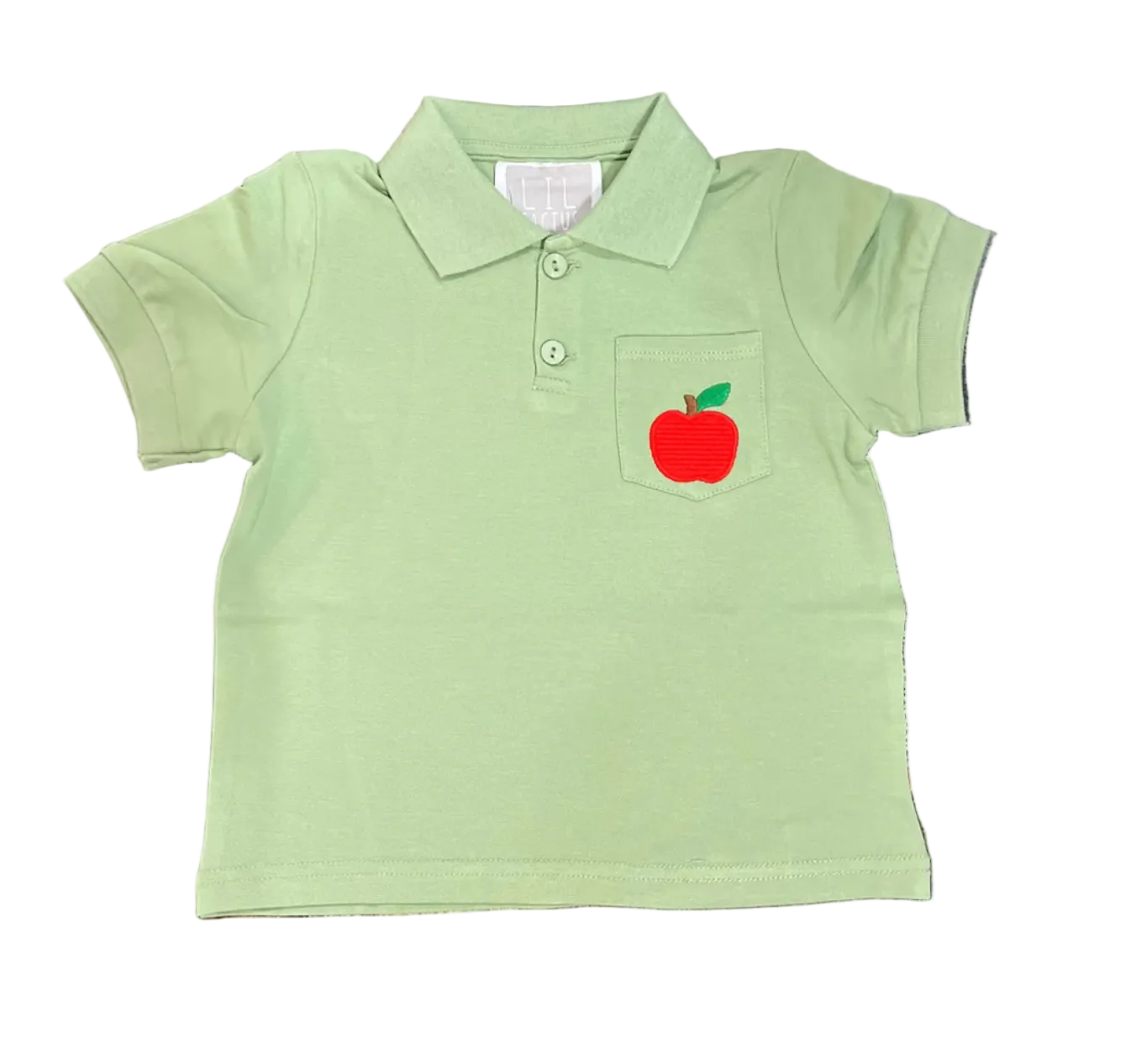 Sage green polo with red apple on pocket 
