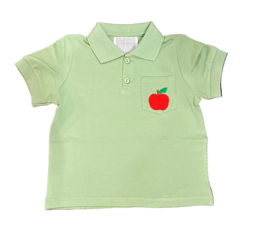 Sage green polo with red apple on pocket 