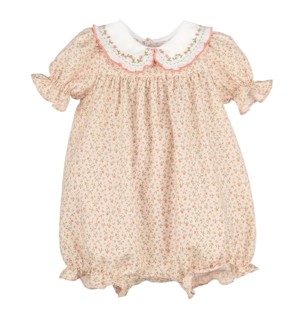 A baby girl's short-sleeve smocked dress in a light beige floral print, featuring a white Peter Pan collar with pink and green embroidered trim.