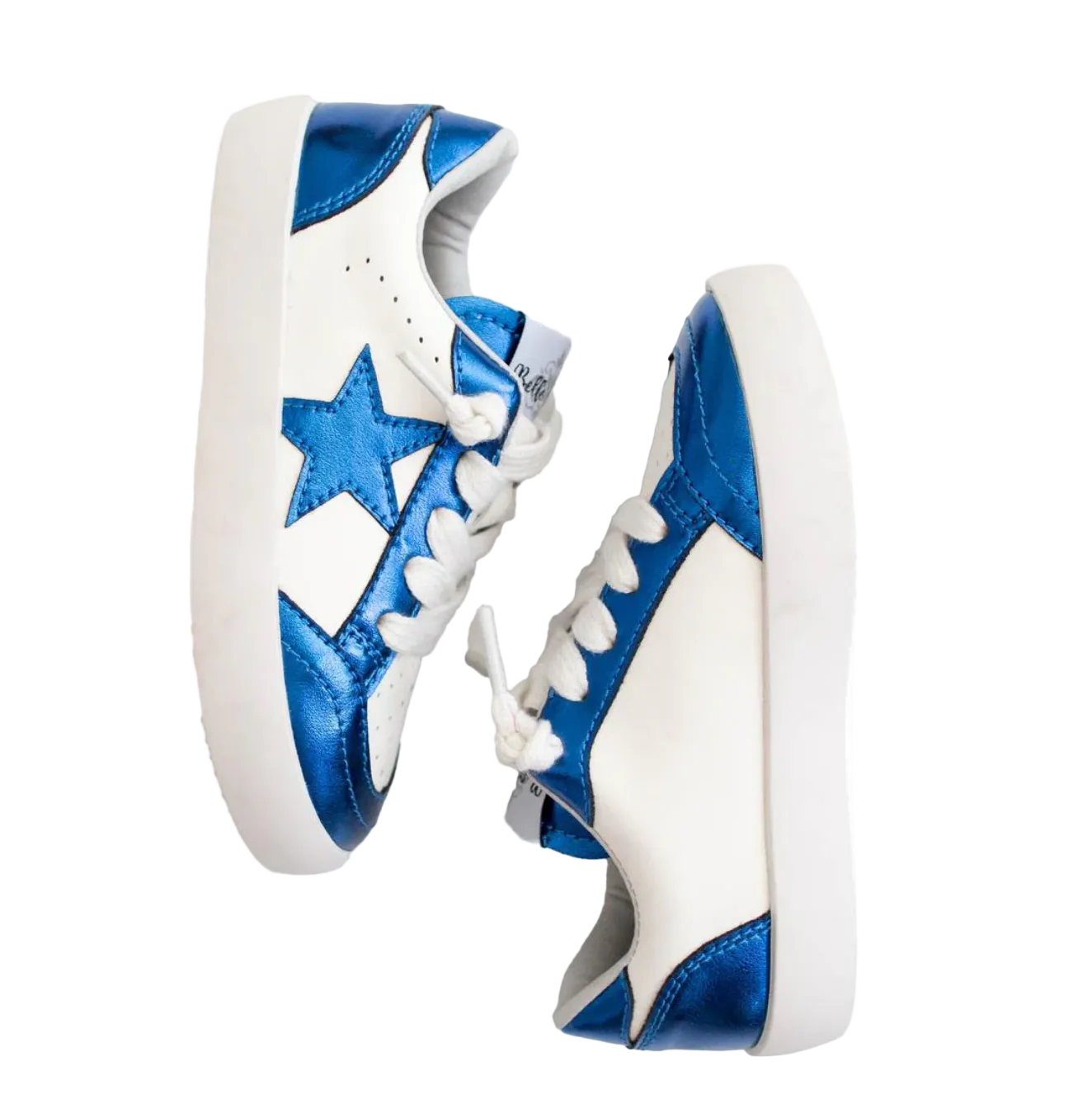 A pair of white and metallic blue low-top sneakers with a star design on the side, white laces, and white soles, shown against a plain white background.