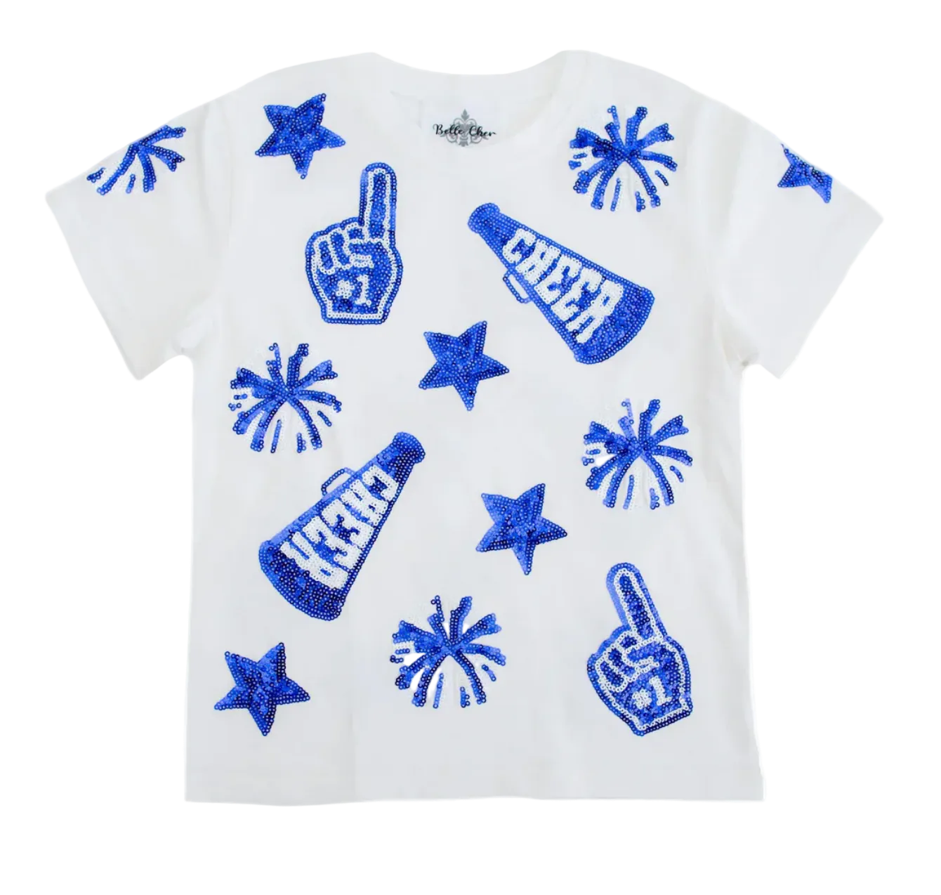 A white short-sleeve crewneck t-shirt featuring a blue glittery cheerleader graphic print with stars, firework bursts, foam fingers, and cheer megaphones.