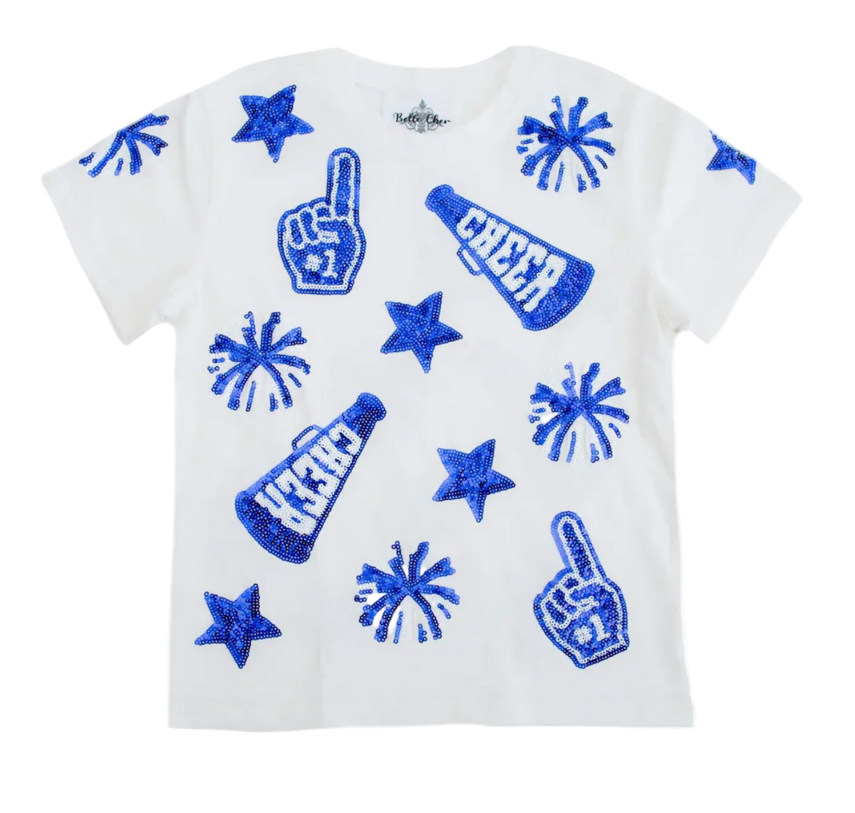 A white short-sleeve crewneck t-shirt featuring a blue glittery cheerleader graphic print with stars, firework bursts, foam fingers, and cheer megaphones.