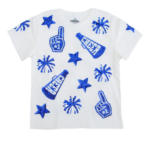 A white short-sleeve crewneck t-shirt featuring a blue glittery cheerleader graphic print with stars, firework bursts, foam fingers, and cheer megaphones.