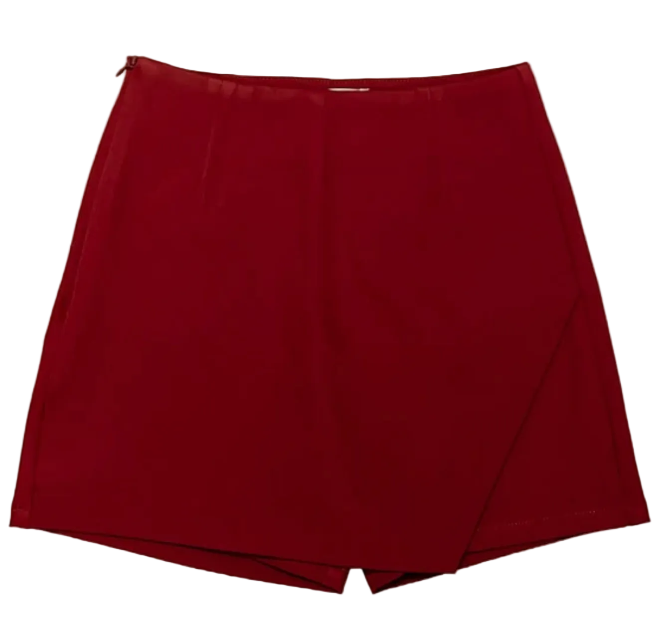A Maroon wrap-style skirt with a high waist and asymmetrical front seam, shown flat against a plain white background.