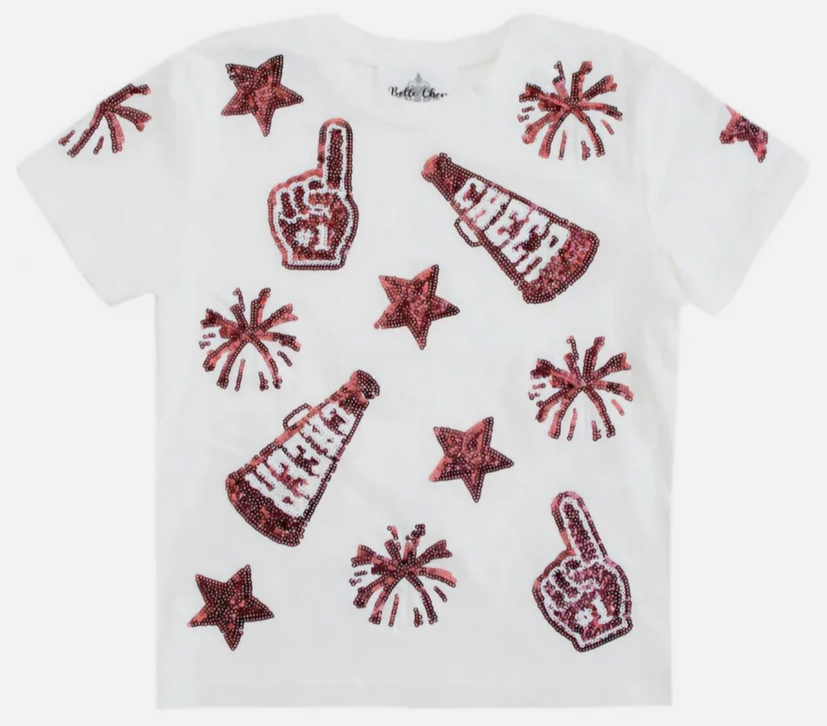 A white short-sleeve t-shirt featuring an all-over sequined pattern of cheerleaders, stars, and fireworks. The sequins are a metallic maroon color, and the words 'CHEER', are sequined onto the motifs.