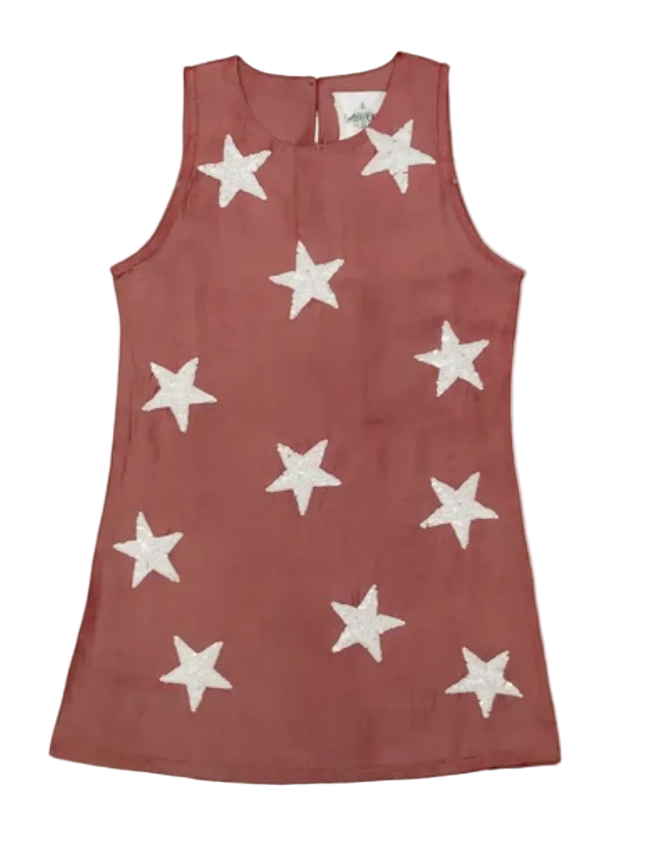 A sleeveless dusty maroon dress with white embroidered star patterns, shown flat against a white background.