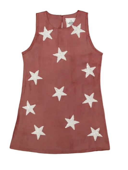 A sleeveless dusty maroon dress with white embroidered star patterns, shown flat against a white background.