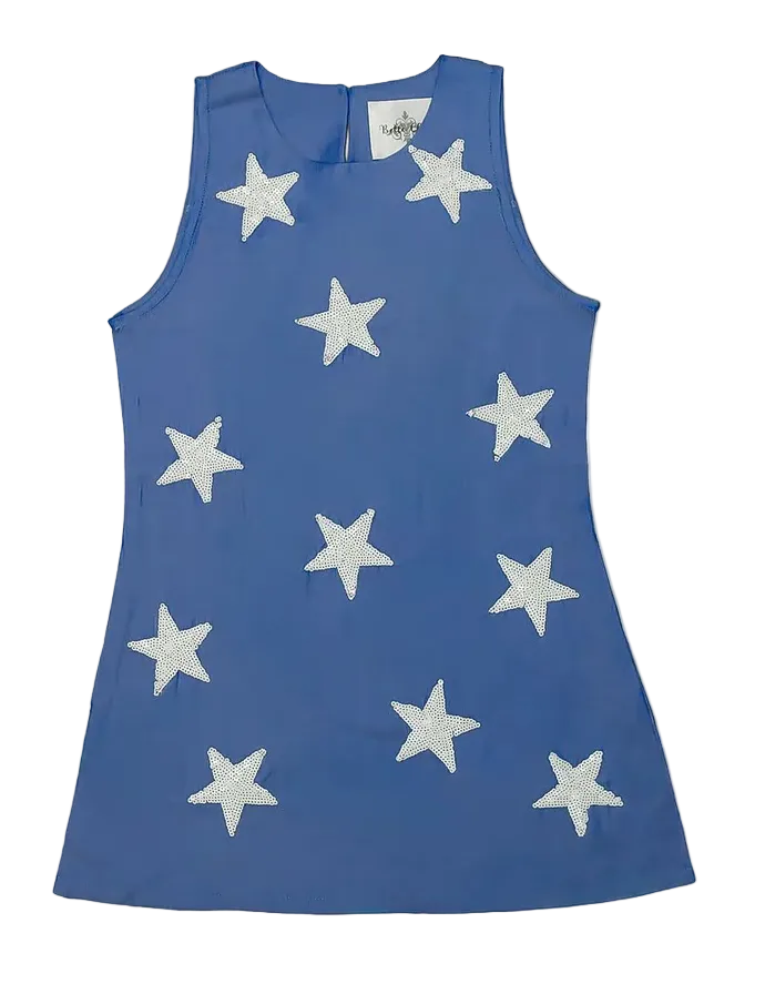 A sleeveless royal blue dress with an allover pattern of glittery silver stars, shown flat against a white background.