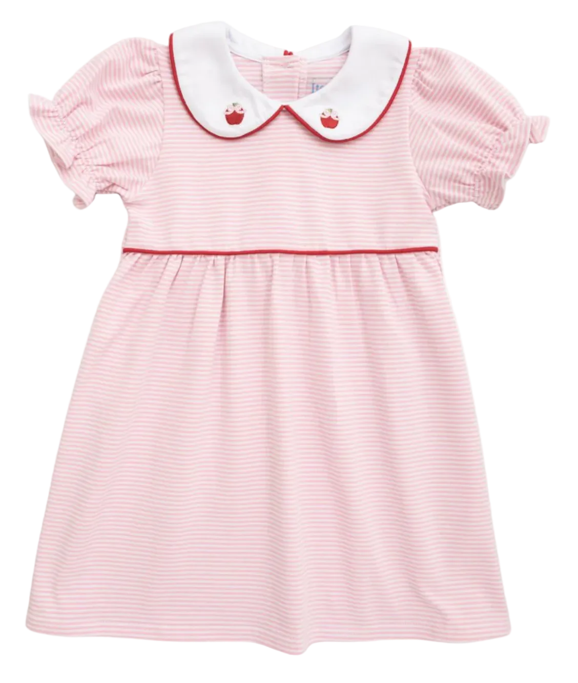 Pink and white striped dress with a peter pan collar that has apple embroidered on it