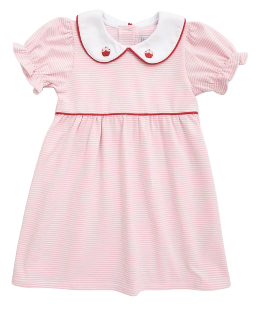 Pink and white striped dress with a peter pan collar that has apple embroidered on it