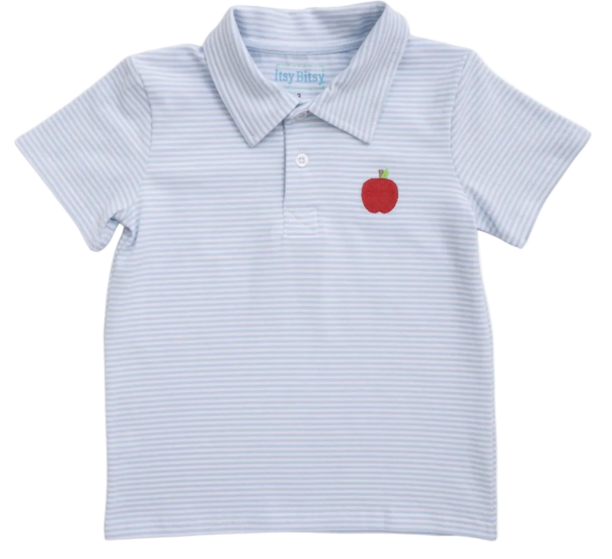 boys blue and white striped polo with and apple embroidered on it