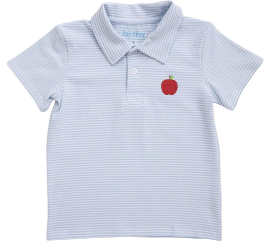 boys blue and white striped polo with and apple embroidered on it