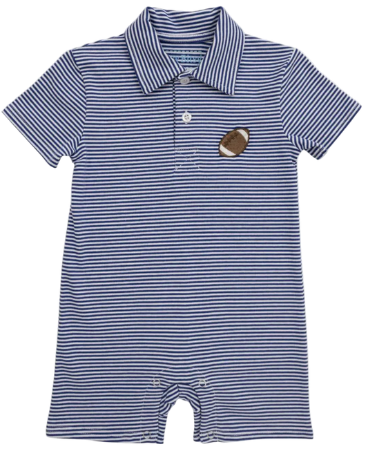 royal blue and white striped romper, with embroidered football on front 