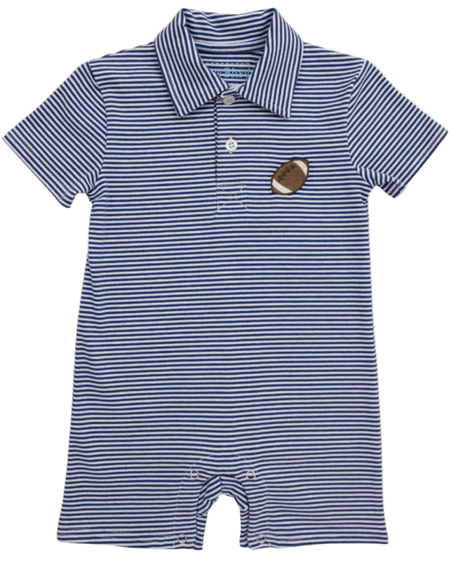 royal blue and white striped romper, with embroidered football on front 