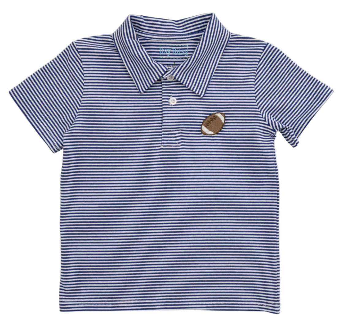 royal blue and white striped boys polo with a football embroidered on it